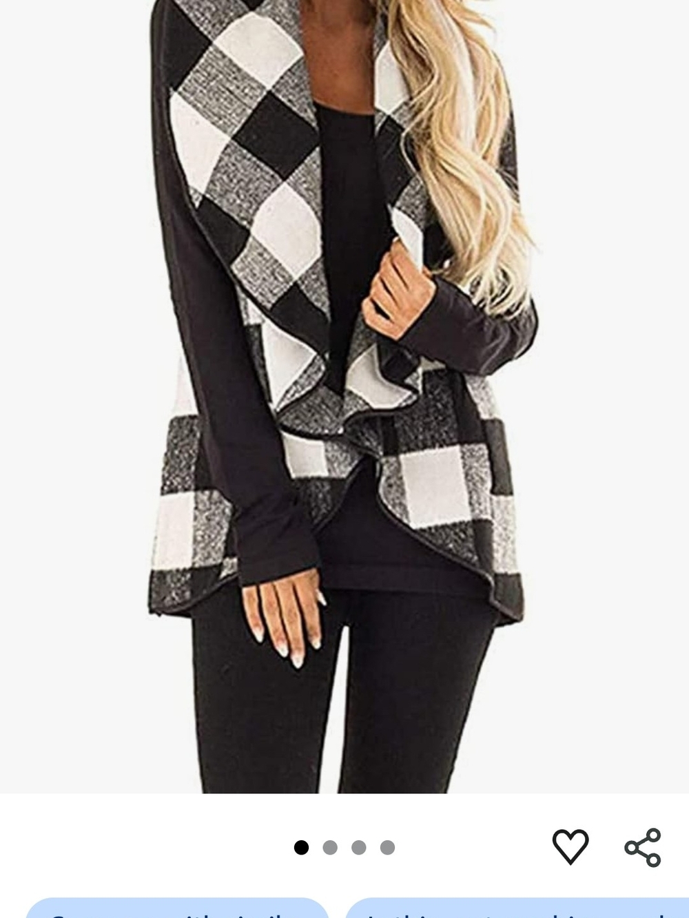 Black & White Buffalo Plaid Draped Open Cardigan Sweater